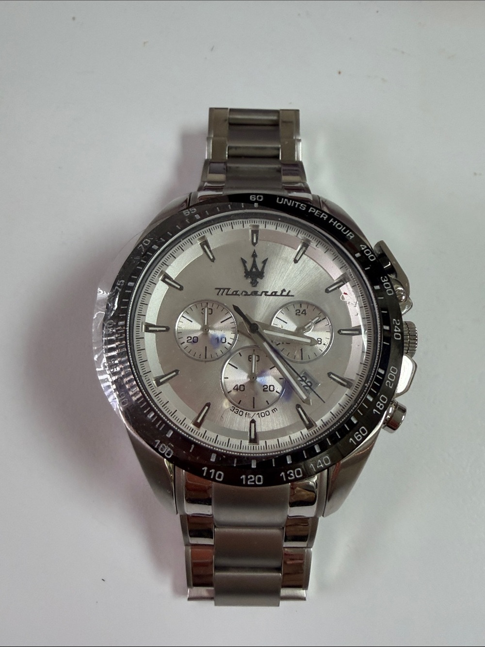 Maserati Silver Stainless Steel Chronograph Watch in working condition.